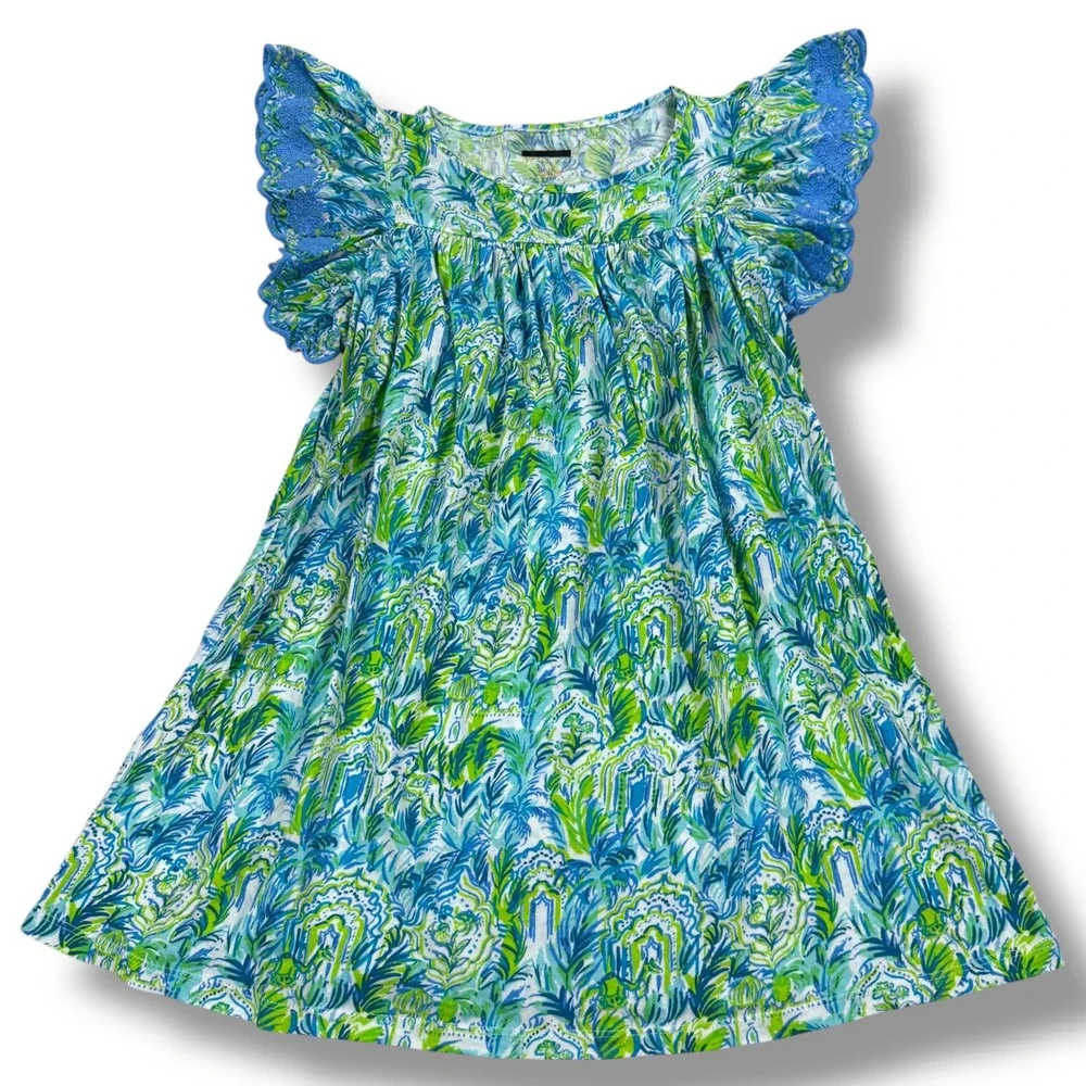Lilly Pulitzer Girls Stassie Dress Out To‎ Play Blue Green Tropical Print Medium - Picture 4 of 10